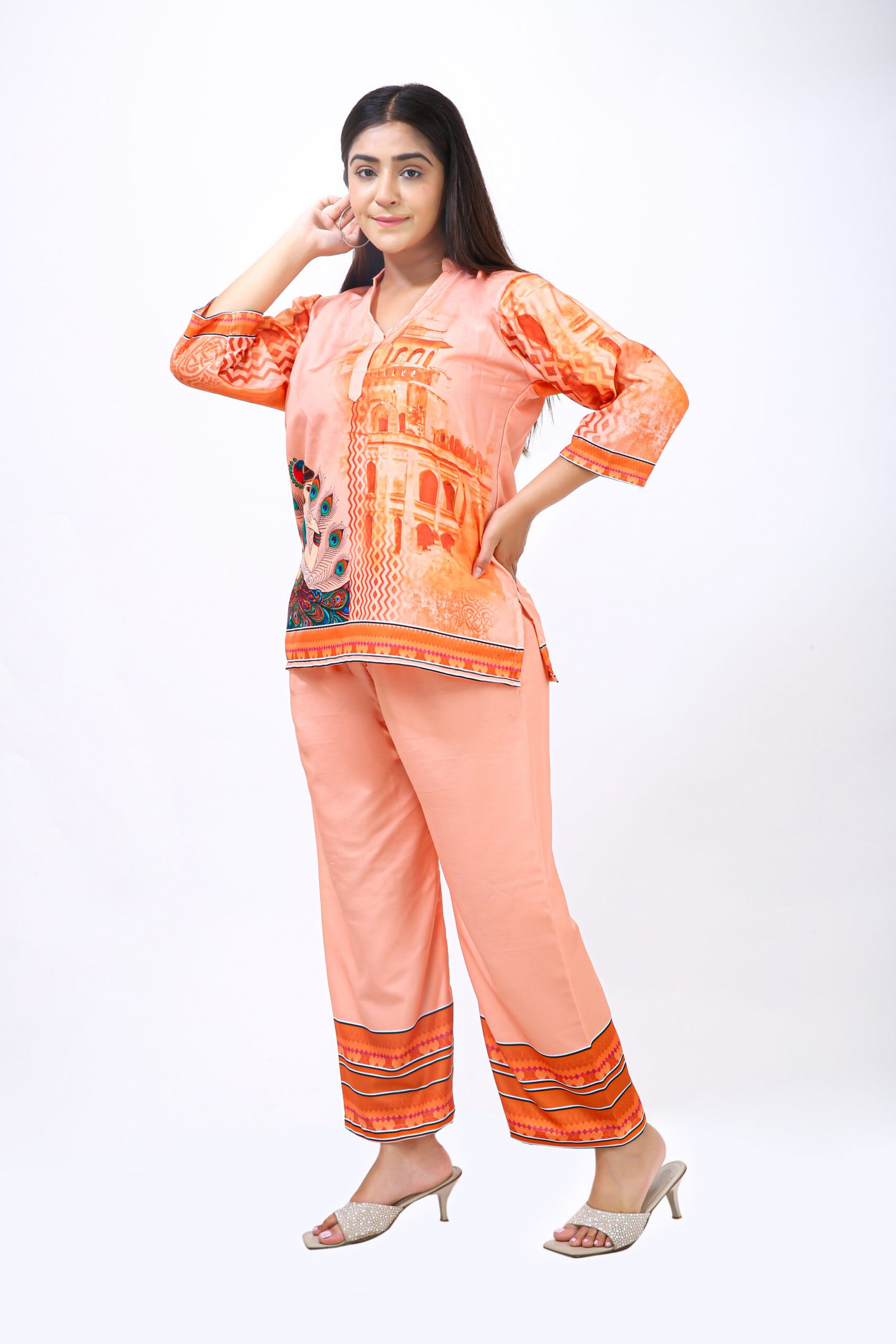 Peach Royal Co-ord Set – Regal Prints in Soft Rayon - Image 3