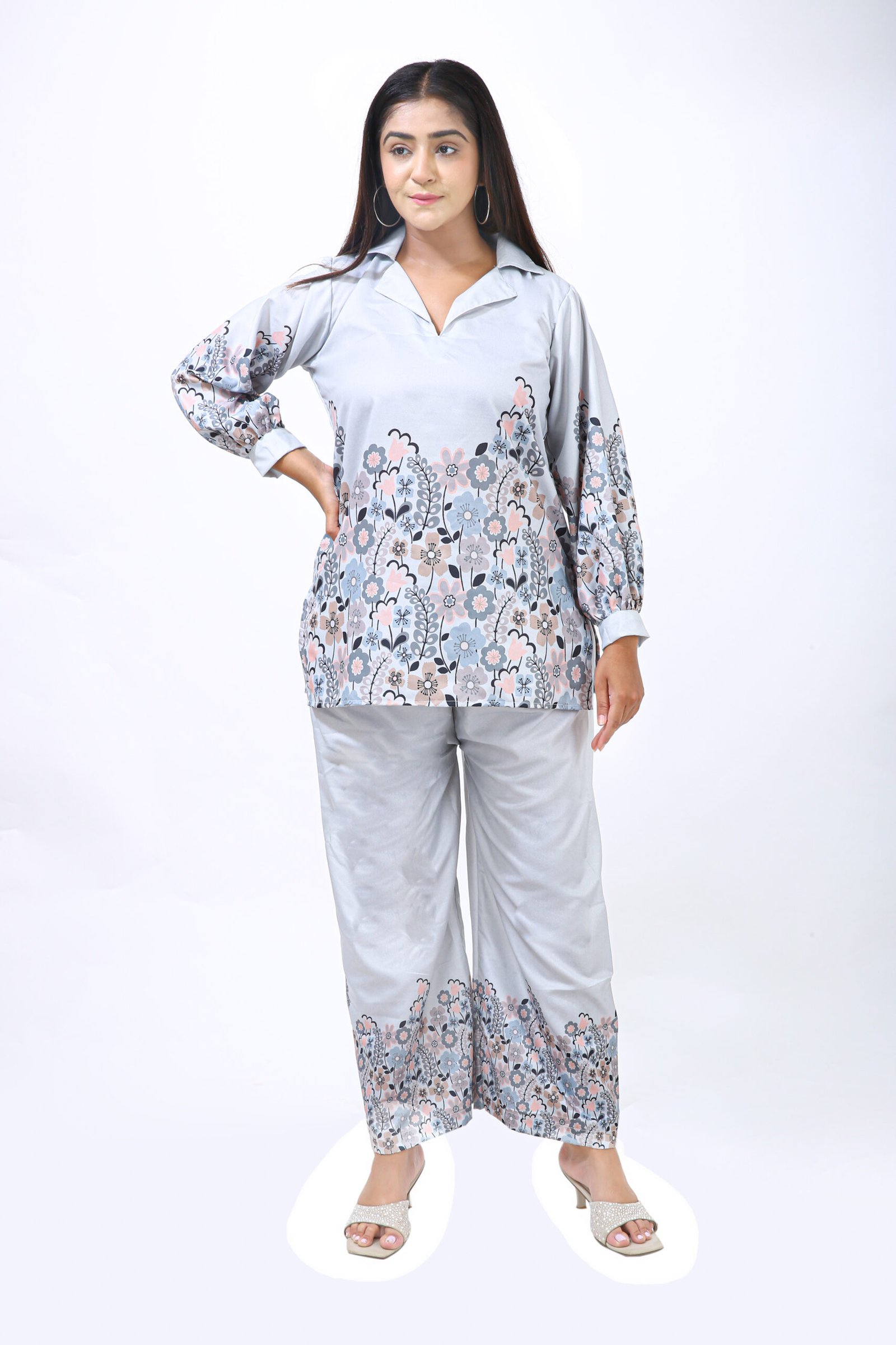 Silver Bloom Co-ord Set – Floral Elegance in Rayon Cotton - Image 2