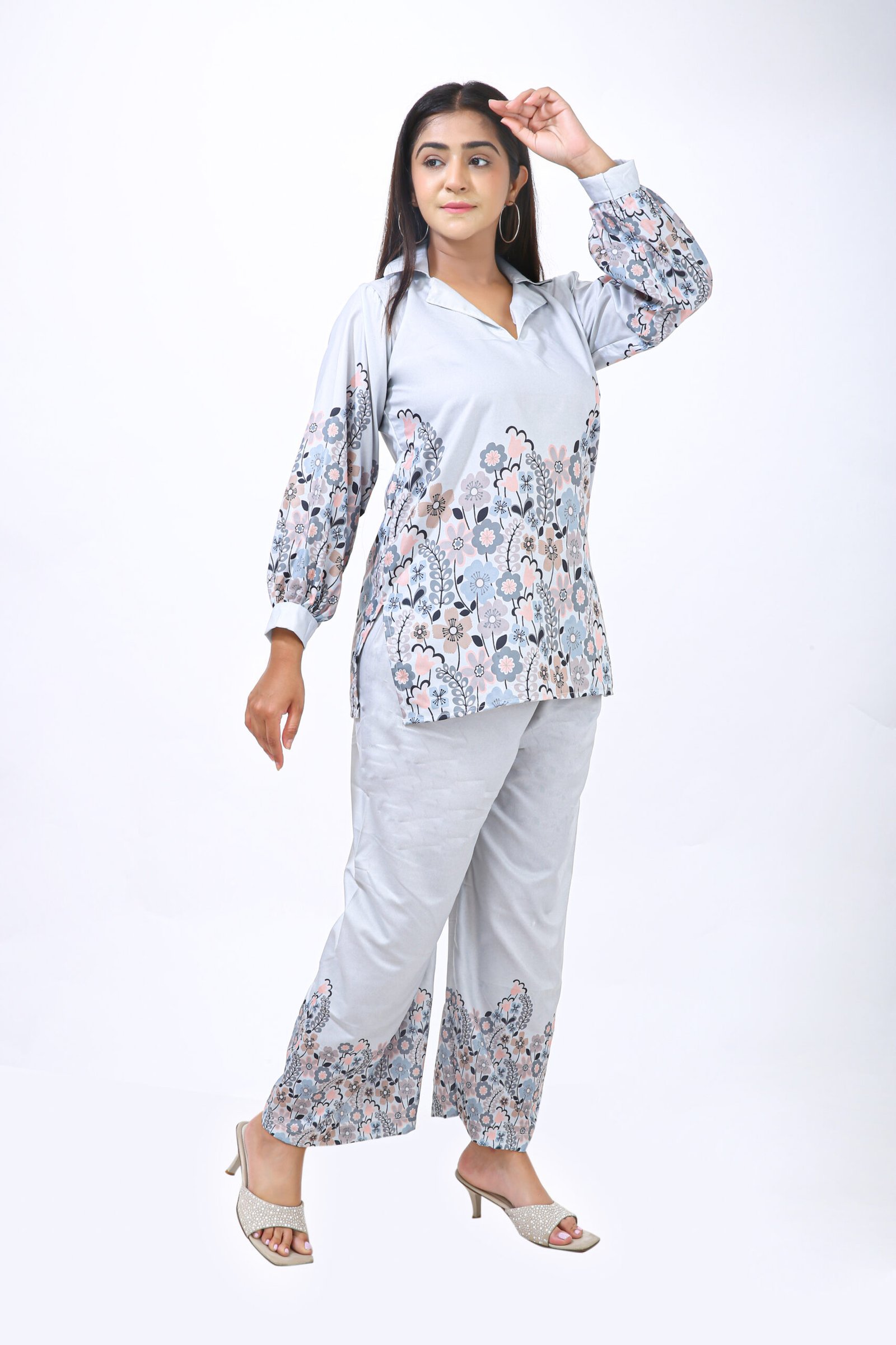 Silver Bloom Co-ord Set – Floral Elegance in Rayon Cotton - Image 3