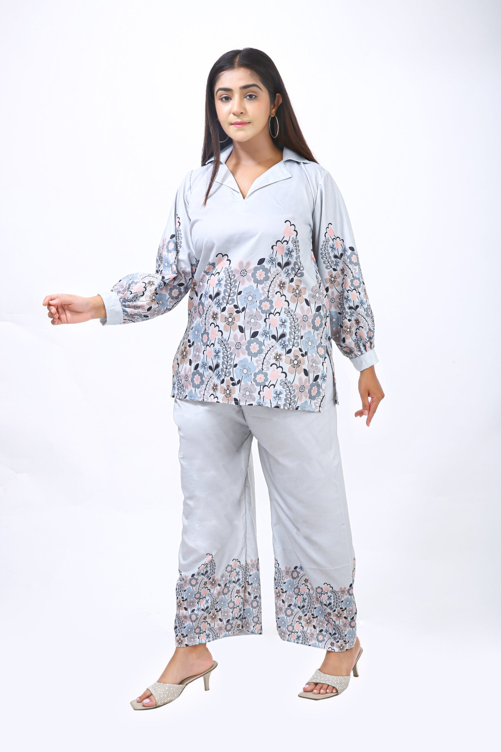 Silver Bloom Co-ord Set – Floral Elegance in Rayon Cotton - Image 4